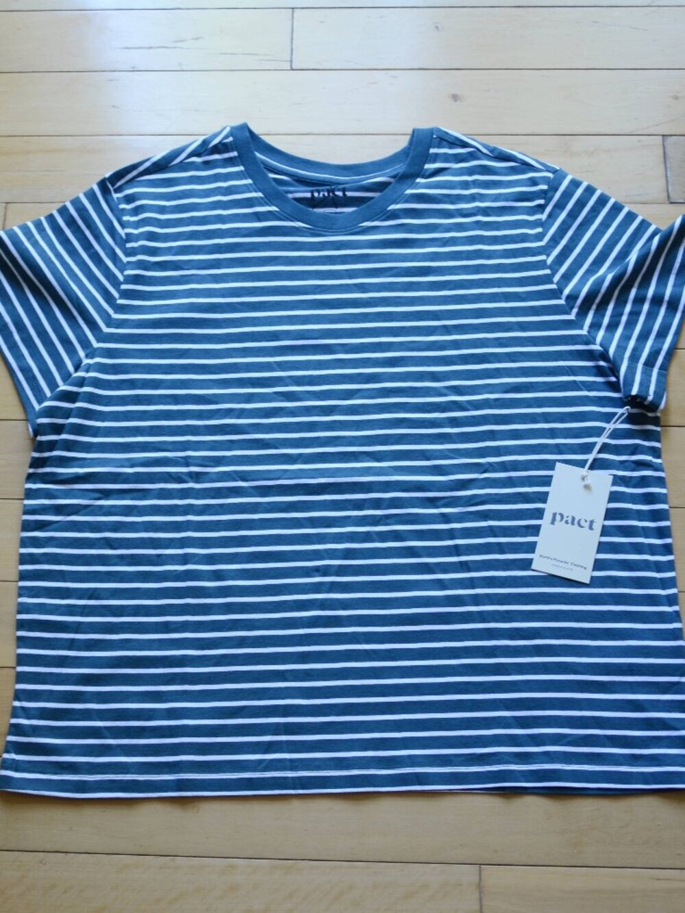 Pact Women's Costa Mesa Stripe Deep Aqua Essential Crewneck Tee NWT XL